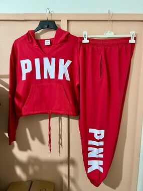 PINK Victoria's Secret Red Fleece Hoodie & Joggers Set